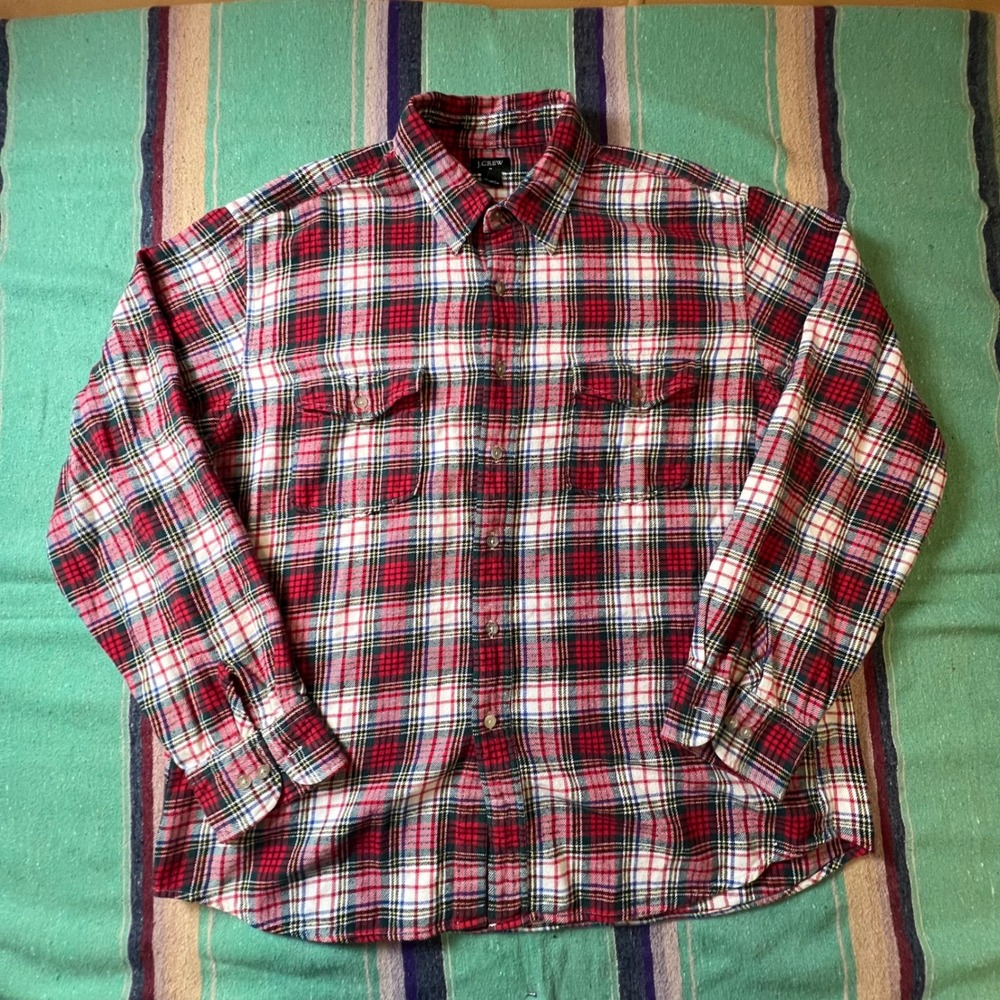 J.Crew Plaid Flannel Button Down Mens XL Red Heavy Cotton Shirt 72200 HO 05